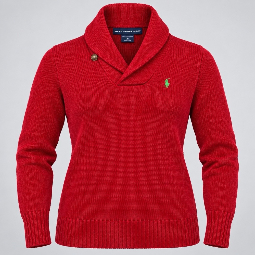 Ralph Lauren Sport Women's Shawl Collar Knit Sweater Pullover Red XL Cotton Pony